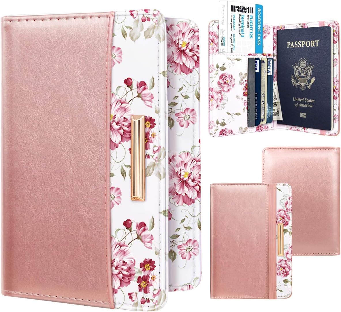 Passport Holder Cover, RFID Travel Wallet Women Card Holder | Travel Essentials, Passport Book Holders, Passport Cover Case, PU Leather, Cute, Thin, Spliced Design, Green Flower - Colors A