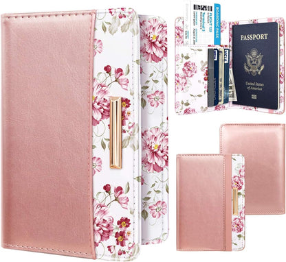 Passport Holder Cover, RFID Travel Wallet Women Card Holder | Travel Essentials, Passport Book Holders, Passport Cover Case, PU Leather, Cute, Thin, Spliced Design, Green Flower - Colors A