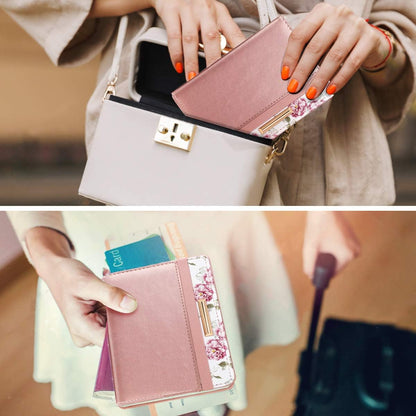 Passport Holder Cover, RFID Travel Wallet Women Card Holder | Travel Essentials, Passport Book Holders, Passport Cover Case, PU Leather, Cute, Thin, Spliced Design, Green Flower - Colors A
