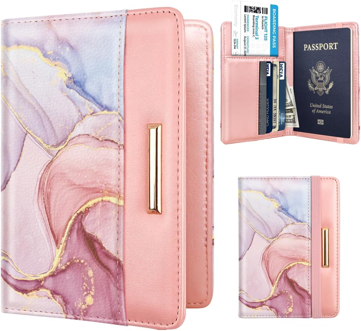 Passport Holder Cover, RFID Travel Wallet Women Card Holder | Travel Essentials, Passport Book Holders, Passport Cover Case, PU Leather, Cute, Thin, Spliced Design, Green Flower - Colors A