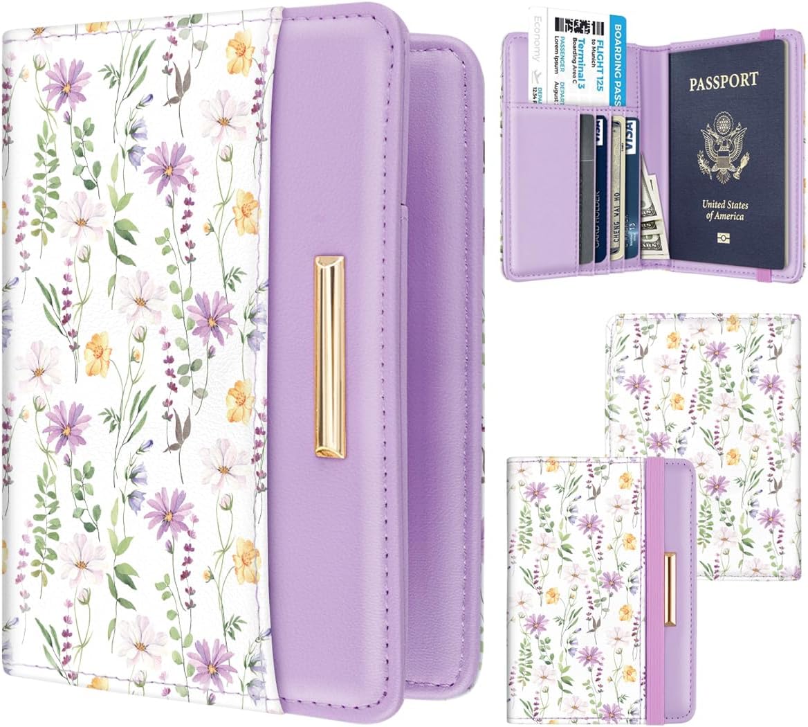 Passport Holder Cover, RFID Travel Wallet Women Card Holder | Travel Essentials, Passport Book Holders, Passport Cover Case, PU Leather, Cute, Thin, Spliced Design, Green Flower - Colors A