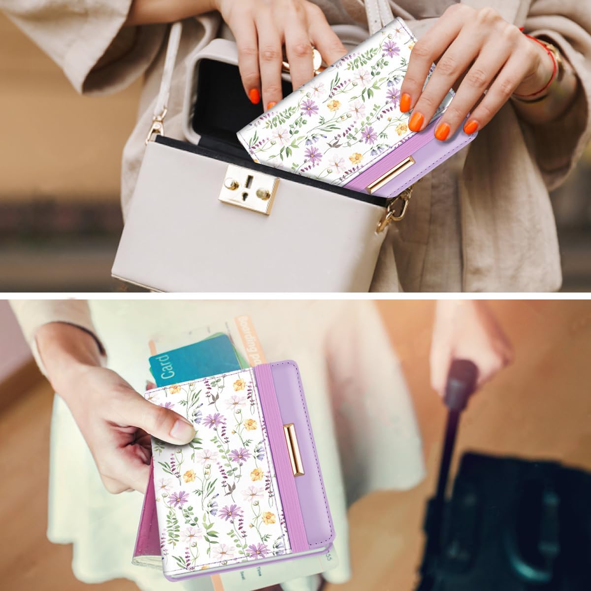 Passport Holder Cover, RFID Travel Wallet Women Card Holder | Travel Essentials, Passport Book Holders, Passport Cover Case, PU Leather, Cute, Thin, Spliced Design, Green Flower - Colors A