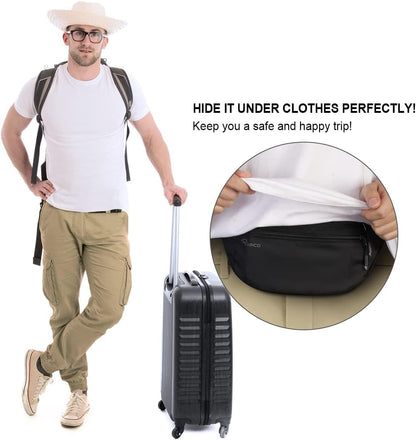 Money Belt for Men & Women Travel Hidden Wallet Secure RFID Blocking Waterproof Pouch for Passport, Cards, Cash& Phone Adjustable& Wearable Slim Waist Bag Under Clothes