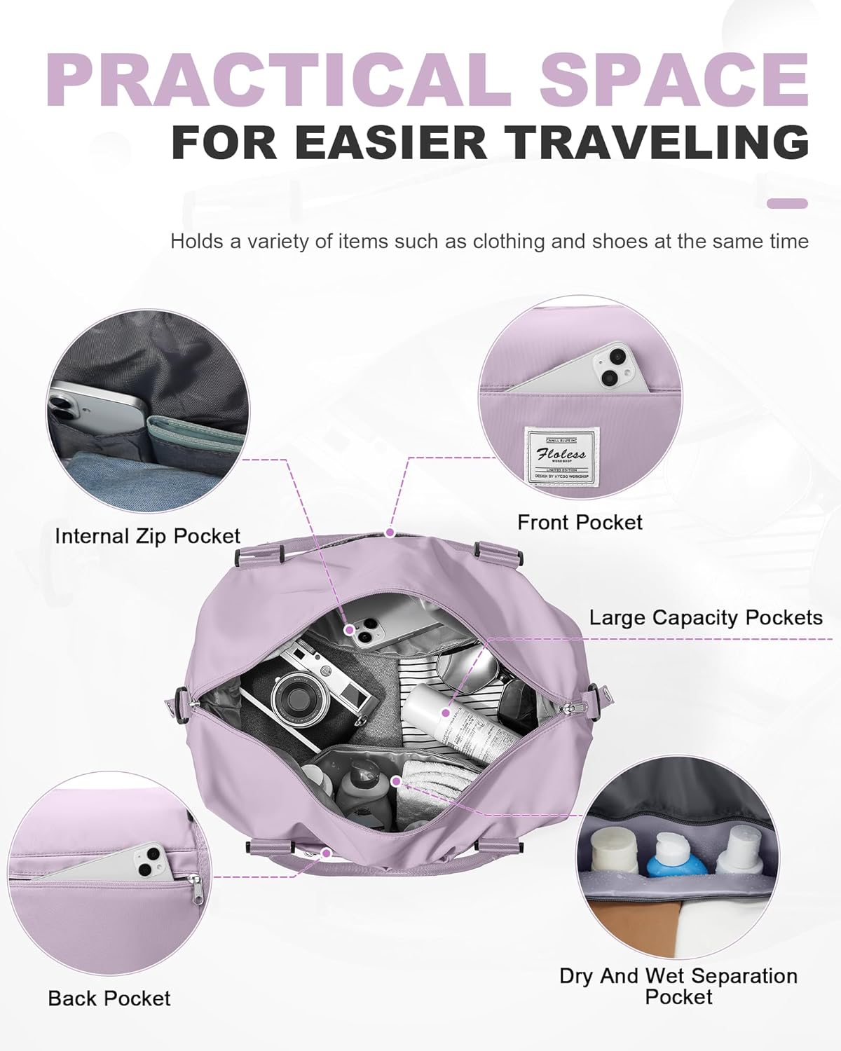 Travel Duffel Bag, 18x14x8 Inches Travel Bag Spirit with Shoes Compartment, Weekender Overnight Bag for Women with Trolley Sleeve, Carry On Bag for Airplanes Sport Tote Gym Bag Black - Colors A