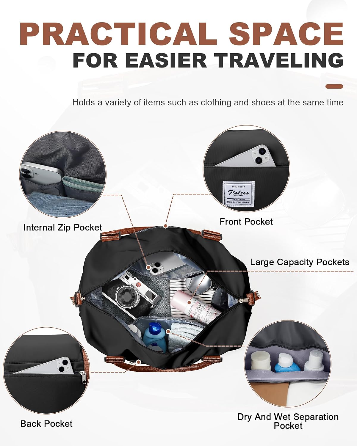 Travel Duffel Bag, 18x14x8 Inches Travel Bag Spirit with Shoes Compartment, Weekender Overnight Bag for Women with Trolley Sleeve, Carry On Bag for Airplanes Sport Tote Gym Bag Black - Colors A