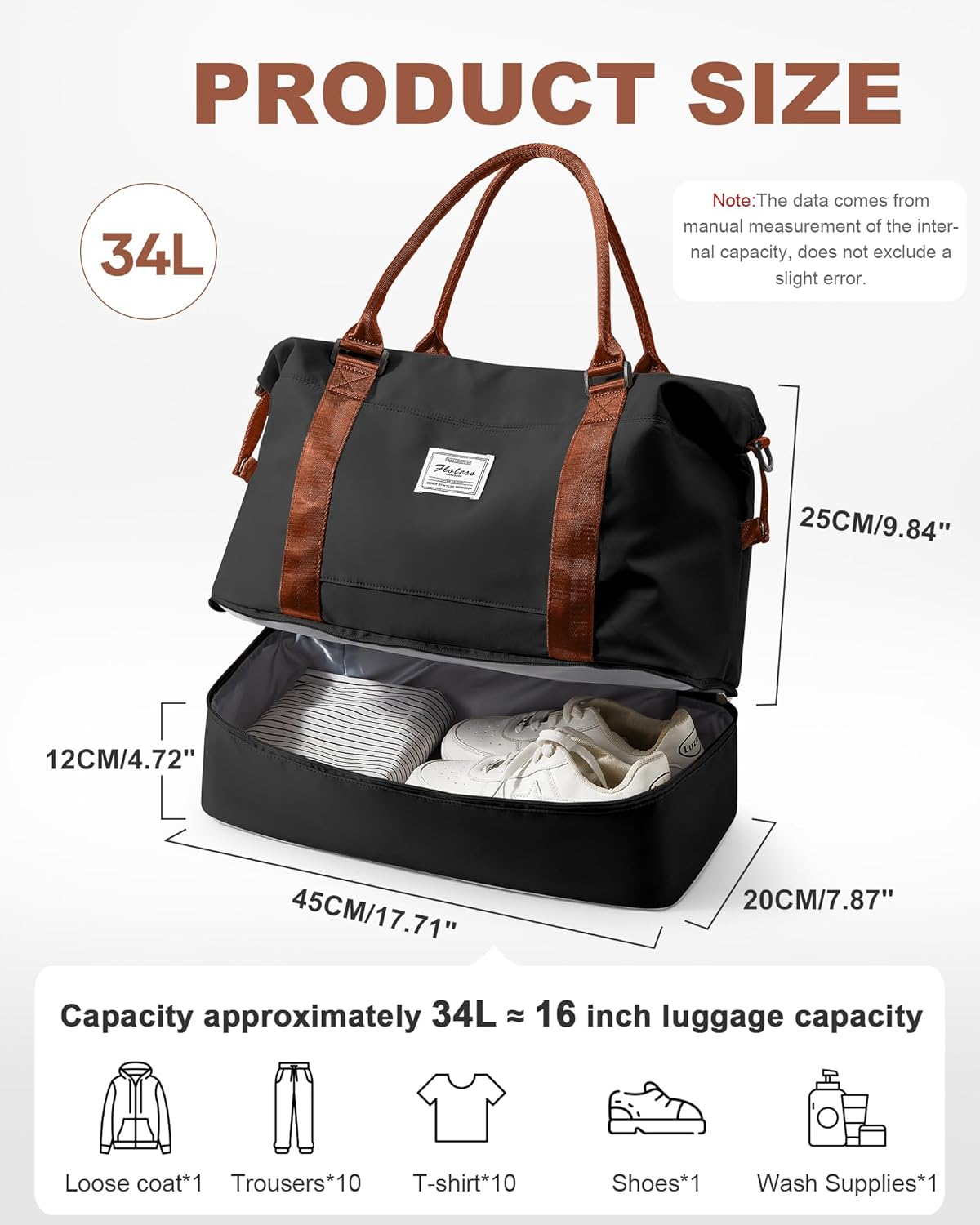 Travel Duffel Bag, 18x14x8 Inches Travel Bag Spirit with Shoes Compartment, Weekender Overnight Bag for Women with Trolley Sleeve, Carry On Bag for Airplanes Sport Tote Gym Bag Black - Colors A