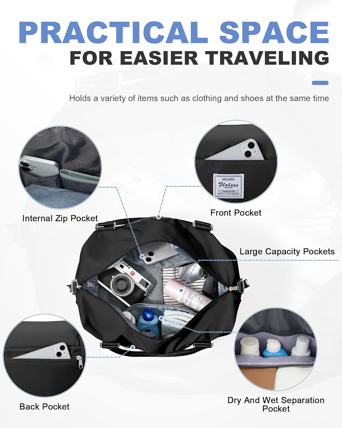 Travel Duffel Bag, 18x14x8 Inches Travel Bag Spirit with Shoes Compartment, Weekender Overnight Bag for Women with Trolley Sleeve, Carry On Bag for Airplanes Sport Tote Gym Bag Black - Colors A
