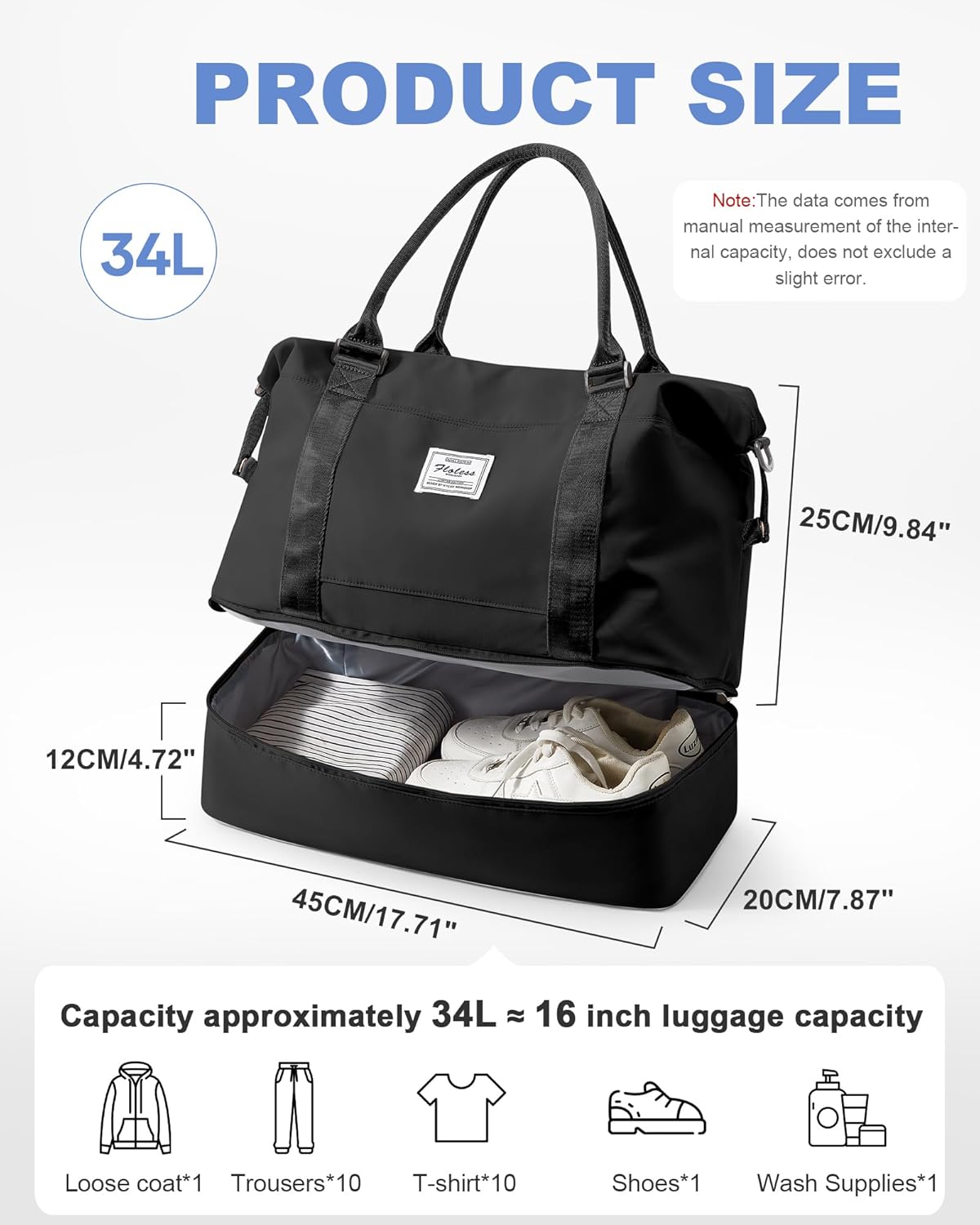 Travel Duffel Bag, 18x14x8 Inches Travel Bag Spirit with Shoes Compartment, Weekender Overnight Bag for Women with Trolley Sleeve, Carry On Bag for Airplanes Sport Tote Gym Bag Black - Colors A