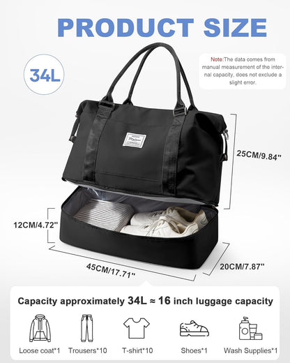 Travel Duffel Bag, 18x14x8 Inches Travel Bag Spirit with Shoes Compartment, Weekender Overnight Bag for Women with Trolley Sleeve, Carry On Bag for Airplanes Sport Tote Gym Bag Black - Colors A