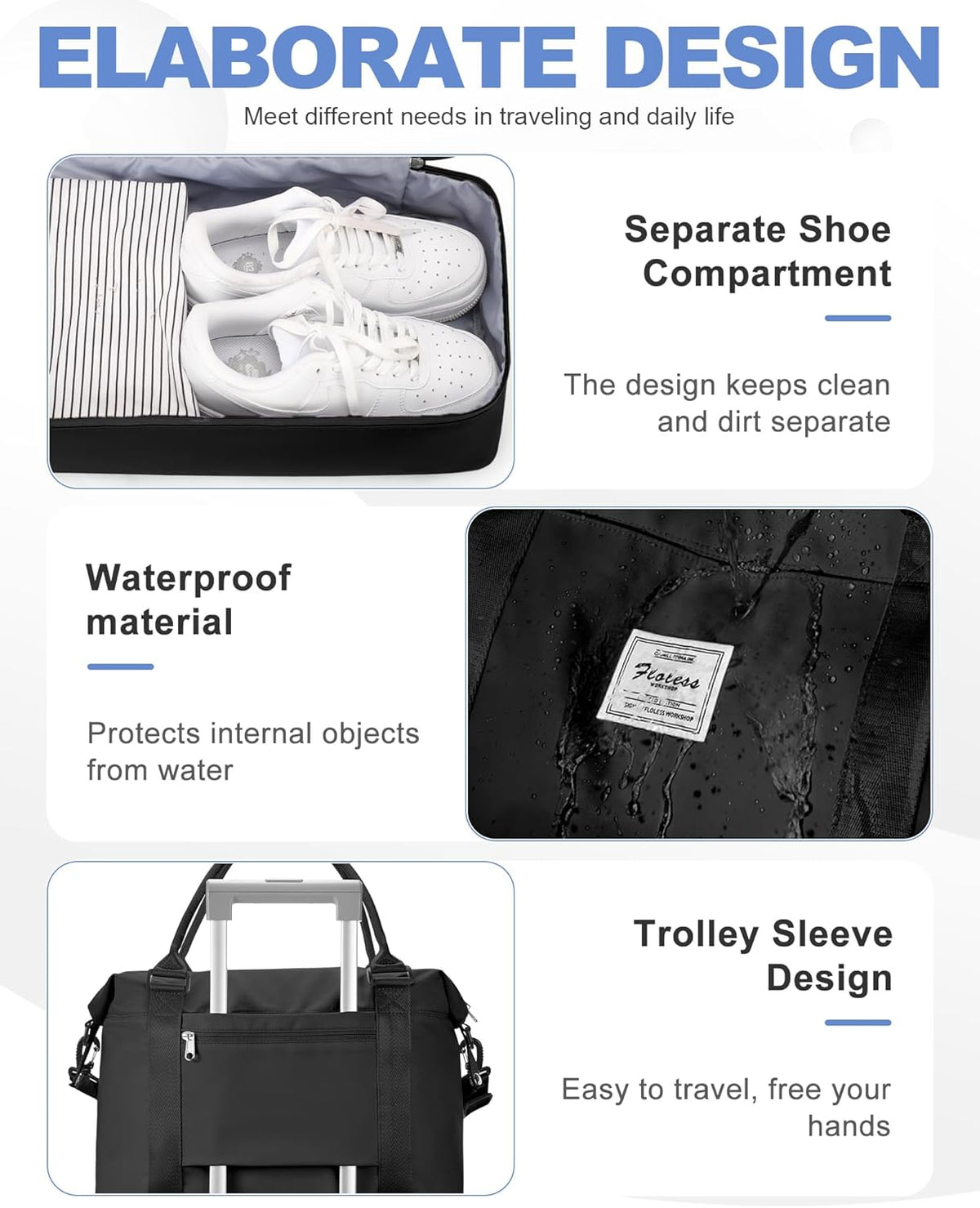 Travel Duffel Bag, 18x14x8 Inches Travel Bag Spirit with Shoes Compartment, Weekender Overnight Bag for Women with Trolley Sleeve, Carry On Bag for Airplanes Sport Tote Gym Bag Black - Colors A