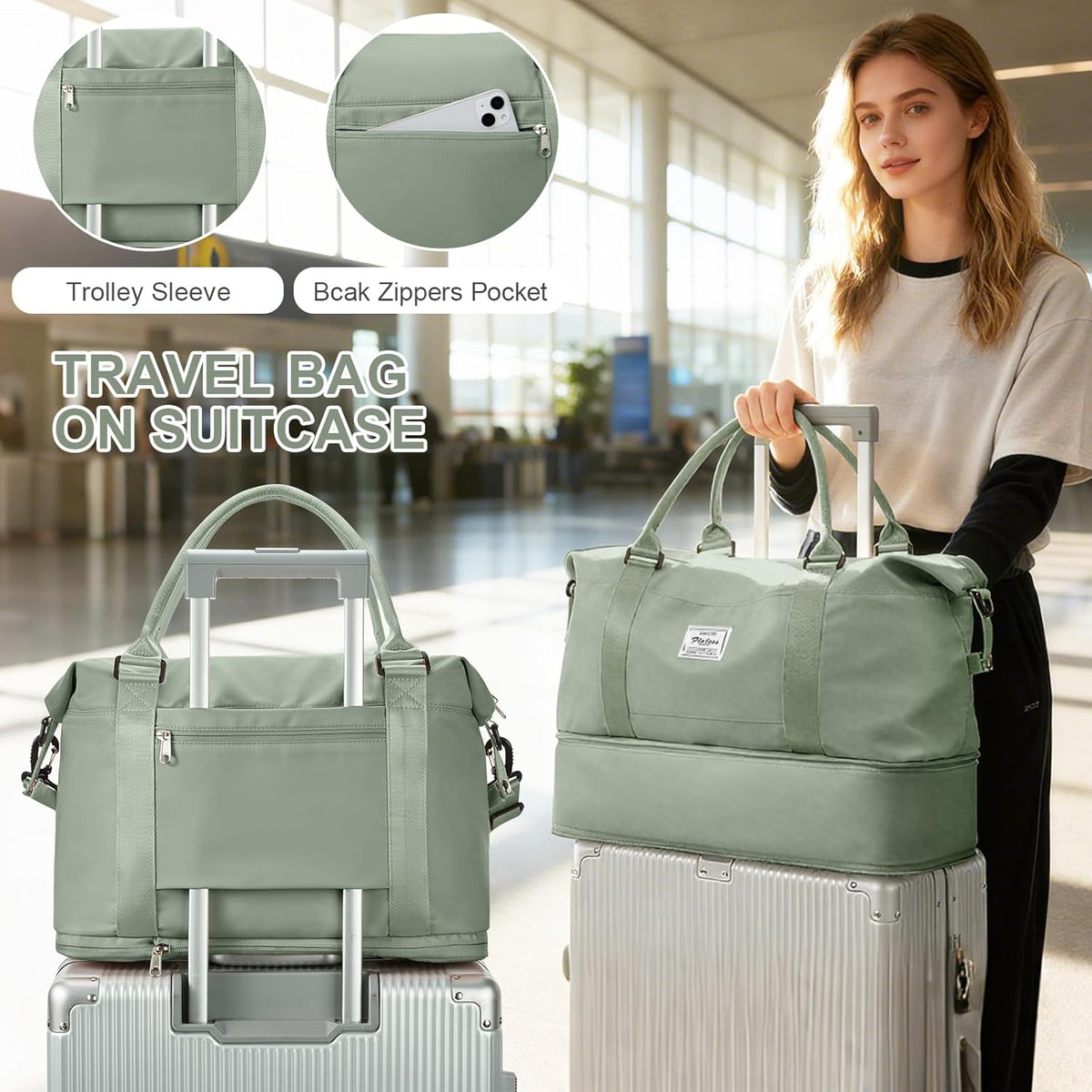 Travel Duffel Bag, 18x14x8 Inches Travel Bag Spirit with Shoes Compartment, Weekender Overnight Bag for Women with Trolley Sleeve, Carry On Bag for Airplanes Sport Tote Gym Bag Black - Colors A