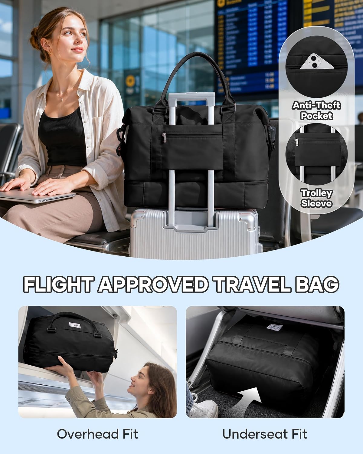 Travel Duffel Bag, 18x14x8 Inches Travel Bag Spirit with Shoes Compartment, Weekender Overnight Bag for Women with Trolley Sleeve, Carry On Bag for Airplanes Sport Tote Gym Bag Black - Colors A