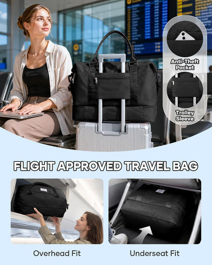 Travel Duffel Bag, 18x14x8 Inches Travel Bag Spirit with Shoes Compartment, Weekender Overnight Bag for Women with Trolley Sleeve, Carry On Bag for Airplanes Sport Tote Gym Bag Black - Colors A