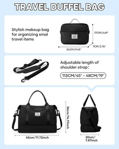 Travel Duffel Bag, 18x14x8 Inches Travel Bag Spirit with Shoes Compartment, Weekender Overnight Bag for Women with Trolley Sleeve, Carry On Bag for Airplanes Sport Tote Gym Bag Black - Colors A