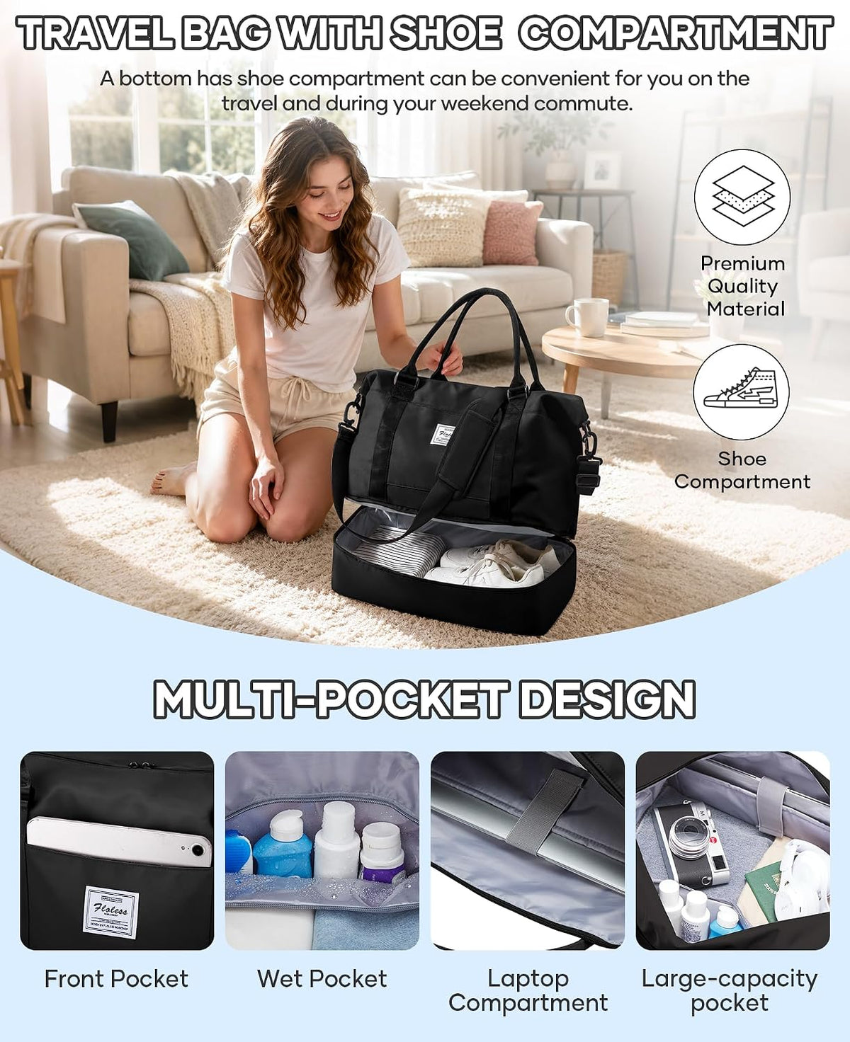 Travel Duffel Bag, 18x14x8 Inches Travel Bag Spirit with Shoes Compartment, Weekender Overnight Bag for Women with Trolley Sleeve, Carry On Bag for Airplanes Sport Tote Gym Bag Black - Colors A