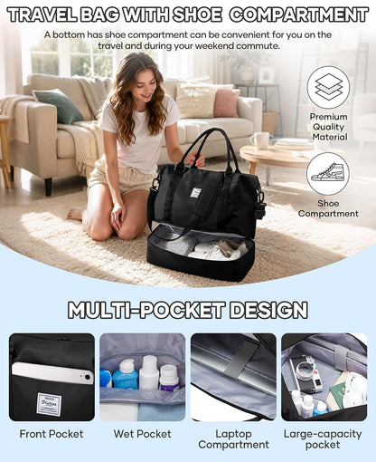 Travel Duffel Bag, 18x14x8 Inches Travel Bag Spirit with Shoes Compartment, Weekender Overnight Bag for Women with Trolley Sleeve, Carry On Bag for Airplanes Sport Tote Gym Bag Black - Colors A