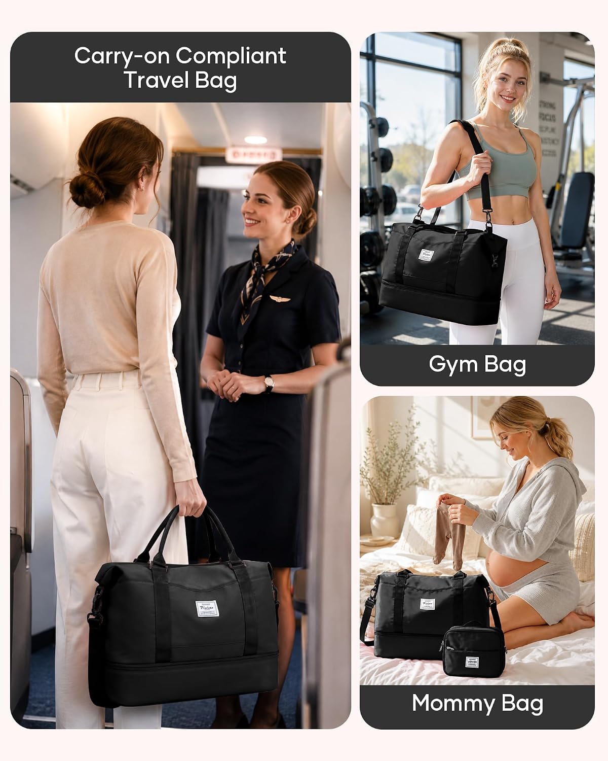 Travel Duffel Bag, 18x14x8 Inches Travel Bag Spirit with Shoes Compartment, Weekender Overnight Bag for Women with Trolley Sleeve, Carry On Bag for Airplanes Sport Tote Gym Bag Black - Colors A