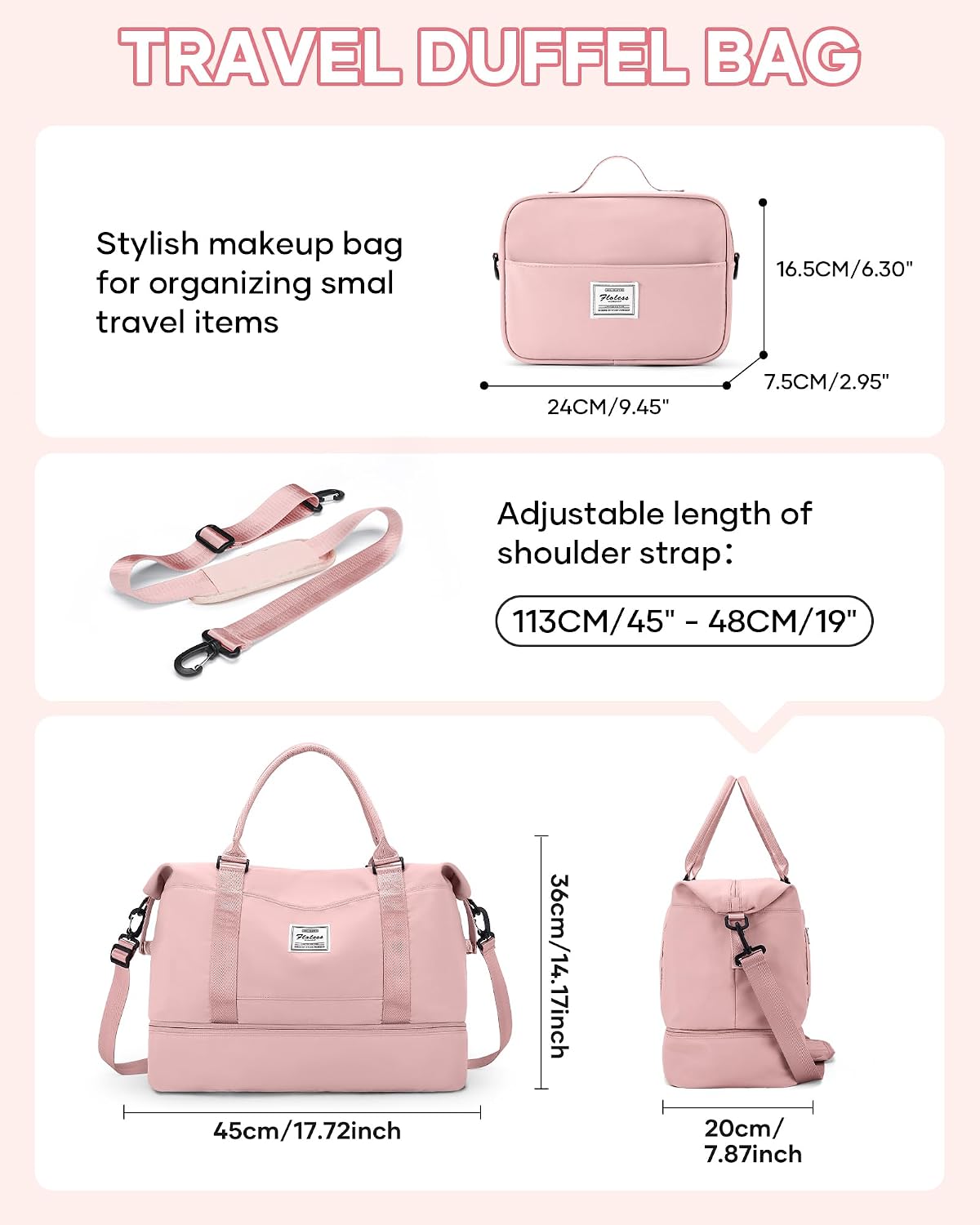 Travel Duffel Bag, 18x14x8 Inches Travel Bag Spirit with Shoes Compartment, Weekender Overnight Bag for Women with Trolley Sleeve, Carry On Bag for Airplanes Sport Tote Gym Bag Black - Colors A