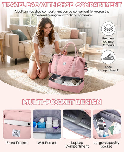 Travel Duffel Bag, 18x14x8 Inches Travel Bag Spirit with Shoes Compartment, Weekender Overnight Bag for Women with Trolley Sleeve, Carry On Bag for Airplanes Sport Tote Gym Bag Black - Colors A