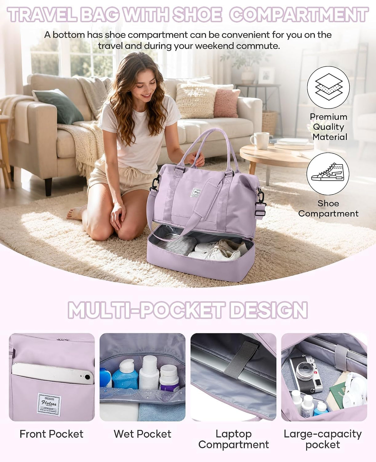 Travel Duffel Bag, 18x14x8 Inches Travel Bag Spirit with Shoes Compartment, Weekender Overnight Bag for Women with Trolley Sleeve, Carry On Bag for Airplanes Sport Tote Gym Bag Black - Colors A
