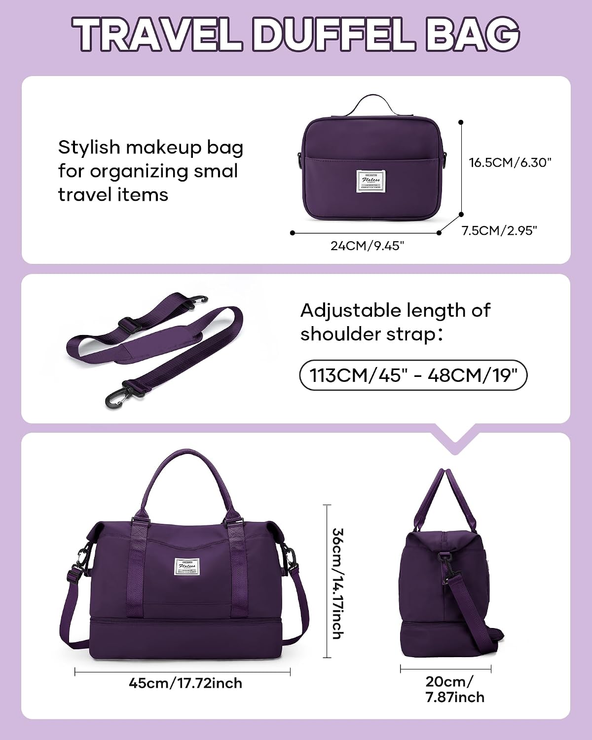 Travel Duffel Bag, 18x14x8 Inches Travel Bag Spirit with Shoes Compartment, Weekender Overnight Bag for Women with Trolley Sleeve, Carry On Bag for Airplanes Sport Tote Gym Bag Black - Colors A