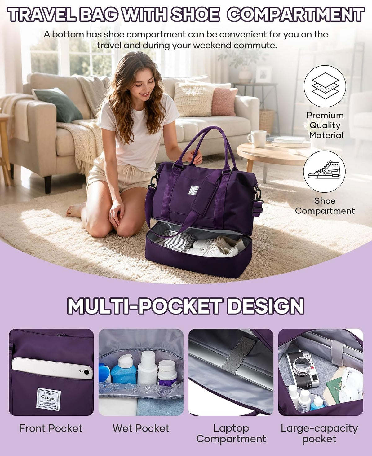 Travel Duffel Bag, 18x14x8 Inches Travel Bag Spirit with Shoes Compartment, Weekender Overnight Bag for Women with Trolley Sleeve, Carry On Bag for Airplanes Sport Tote Gym Bag Black - Colors A