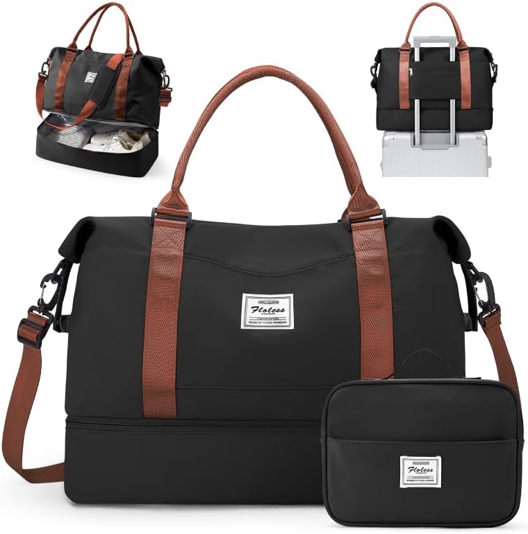 Travel Duffel Bag, 18x14x8 Inches Travel Bag Spirit with Shoes Compartment, Weekender Overnight Bag for Women with Trolley Sleeve, Carry On Bag for Airplanes Sport Tote Gym Bag Black - Colors A