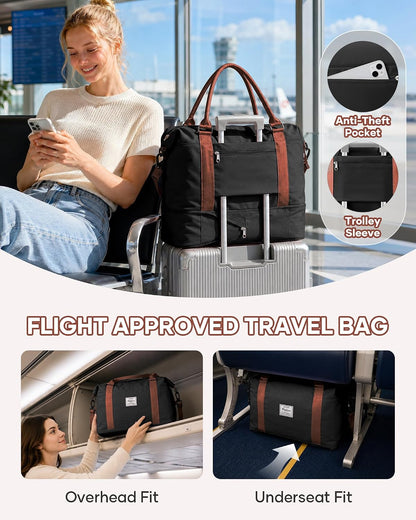 Travel Duffel Bag, 18x14x8 Inches Travel Bag Spirit with Shoes Compartment, Weekender Overnight Bag for Women with Trolley Sleeve, Carry On Bag for Airplanes Sport Tote Gym Bag Black - Colors A