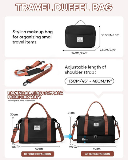 Travel Duffel Bag, 18x14x8 Inches Travel Bag Spirit with Shoes Compartment, Weekender Overnight Bag for Women with Trolley Sleeve, Carry On Bag for Airplanes Sport Tote Gym Bag Black - Colors A