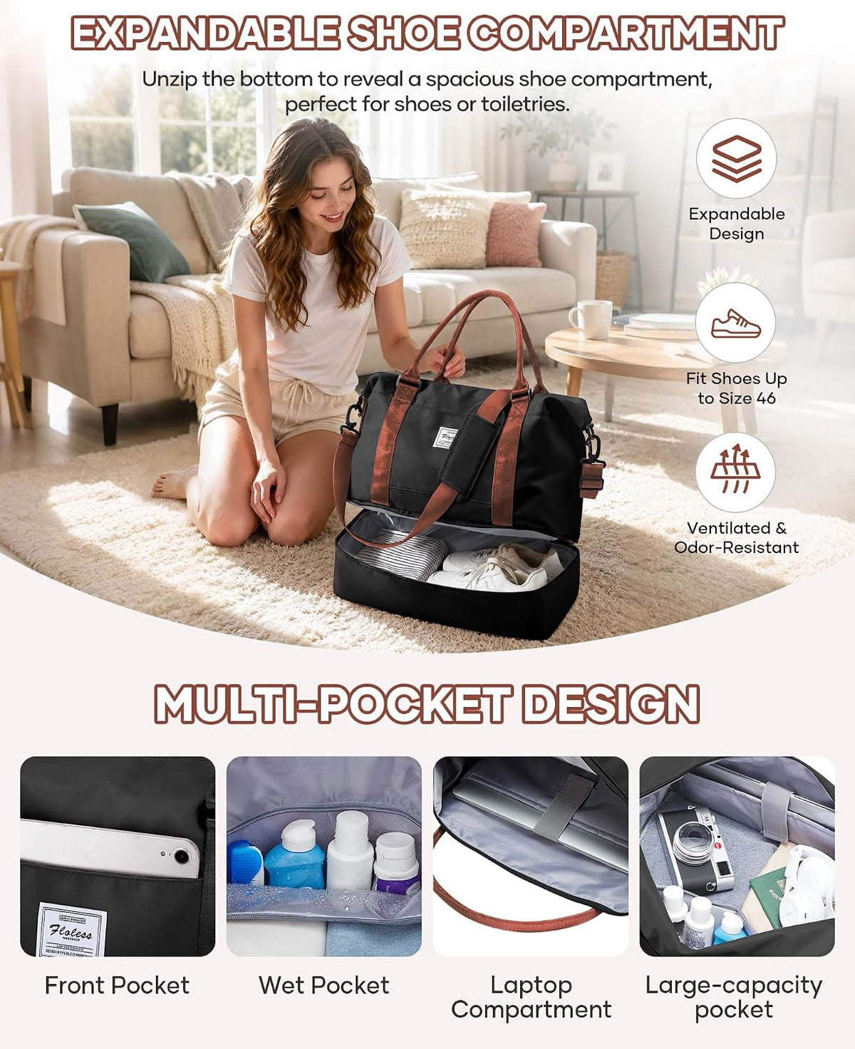 Travel Duffel Bag, 18x14x8 Inches Travel Bag Spirit with Shoes Compartment, Weekender Overnight Bag for Women with Trolley Sleeve, Carry On Bag for Airplanes Sport Tote Gym Bag Black - Colors A