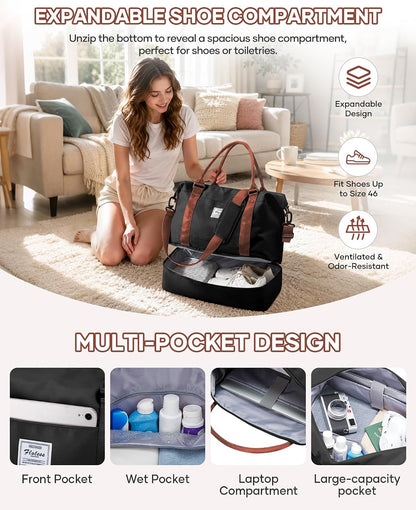 Travel Duffel Bag, 18x14x8 Inches Travel Bag Spirit with Shoes Compartment, Weekender Overnight Bag for Women with Trolley Sleeve, Carry On Bag for Airplanes Sport Tote Gym Bag Black - Colors A