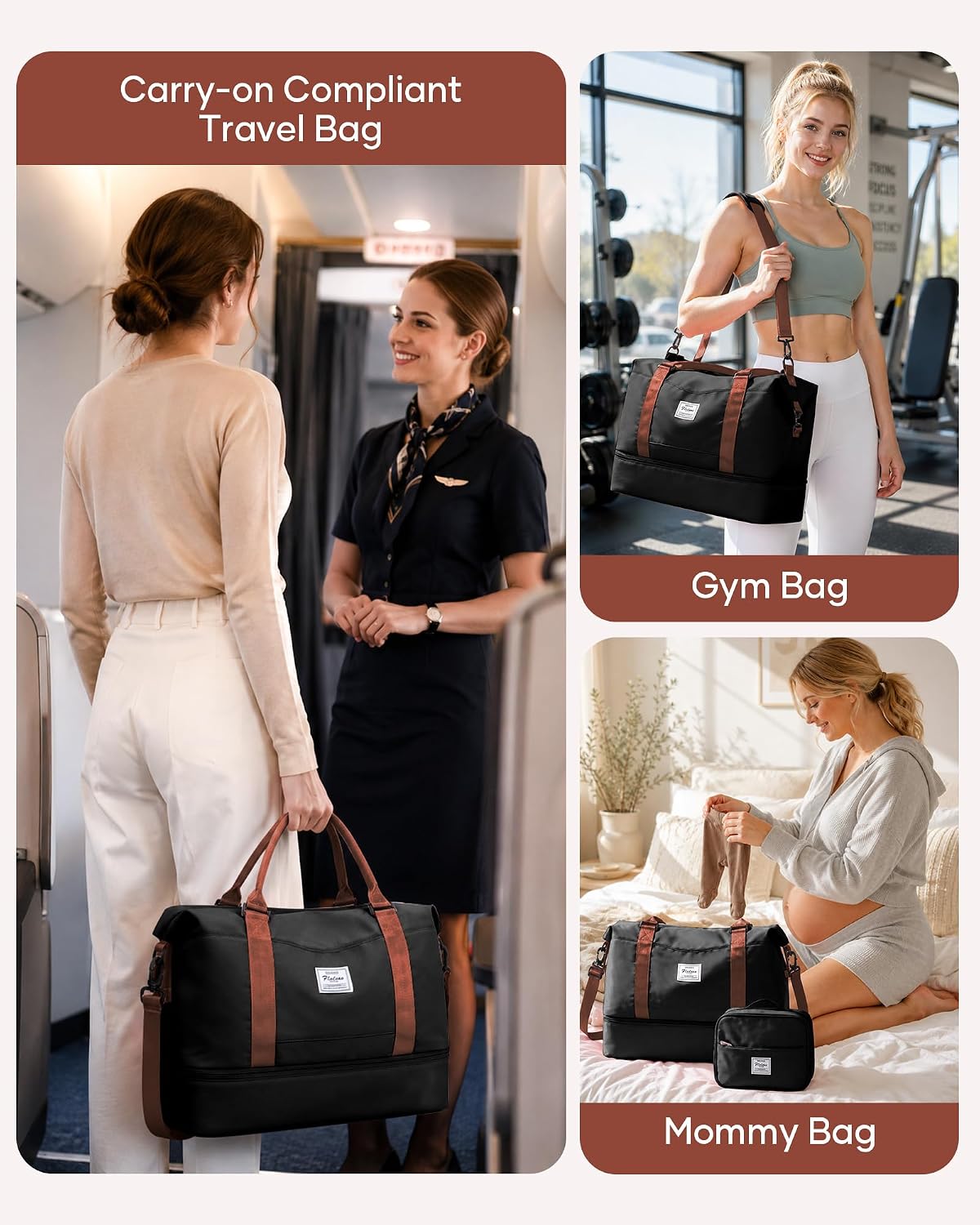 Travel Duffel Bag, 18x14x8 Inches Travel Bag Spirit with Shoes Compartment, Weekender Overnight Bag for Women with Trolley Sleeve, Carry On Bag for Airplanes Sport Tote Gym Bag Black - Colors A