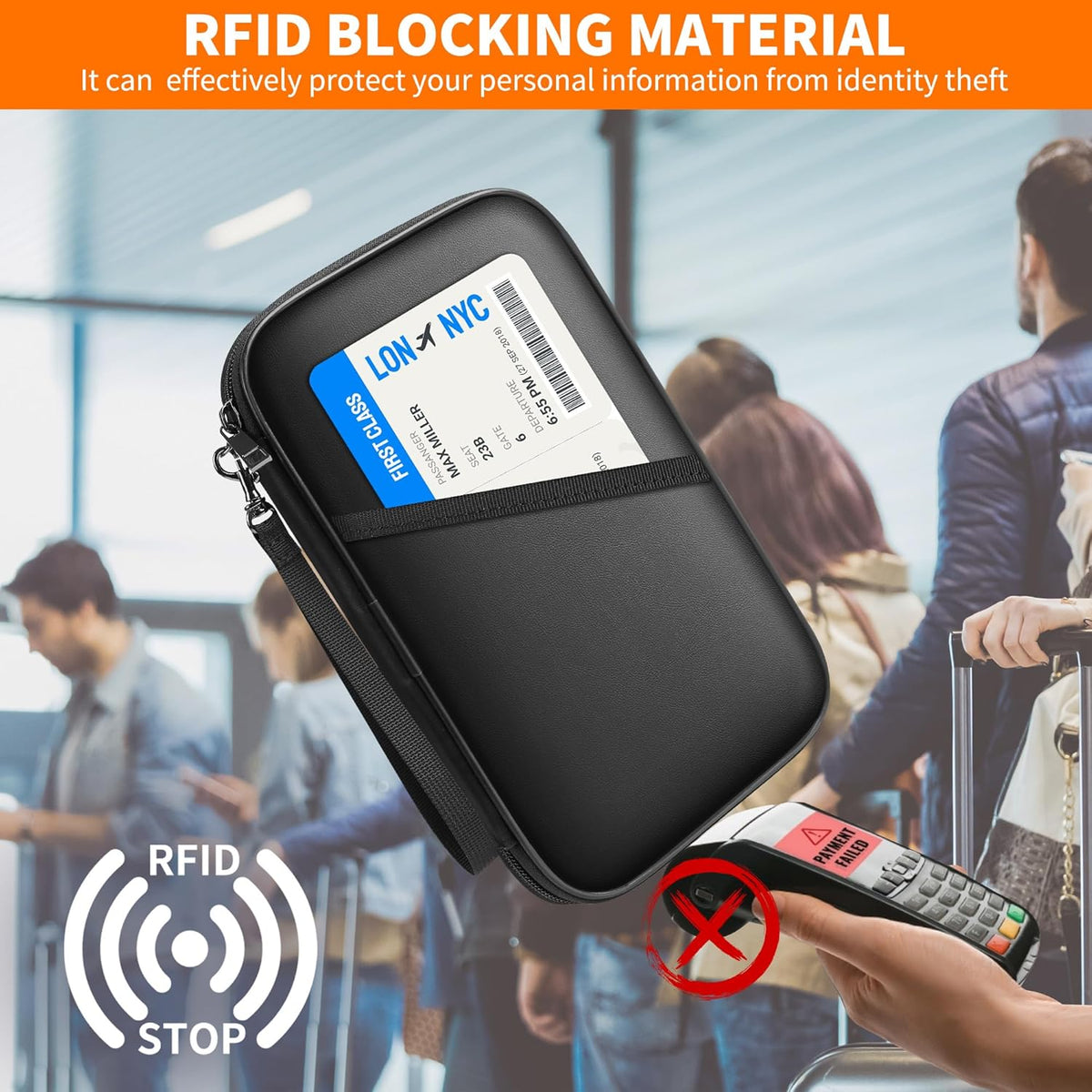 2500℉ Fireproof Family Passport Holder RFID Blocking Upgraded Material | Fireproof Passport Wallet for 4,Travel Document Organizer Case with Zipper for Passport and Card，Black