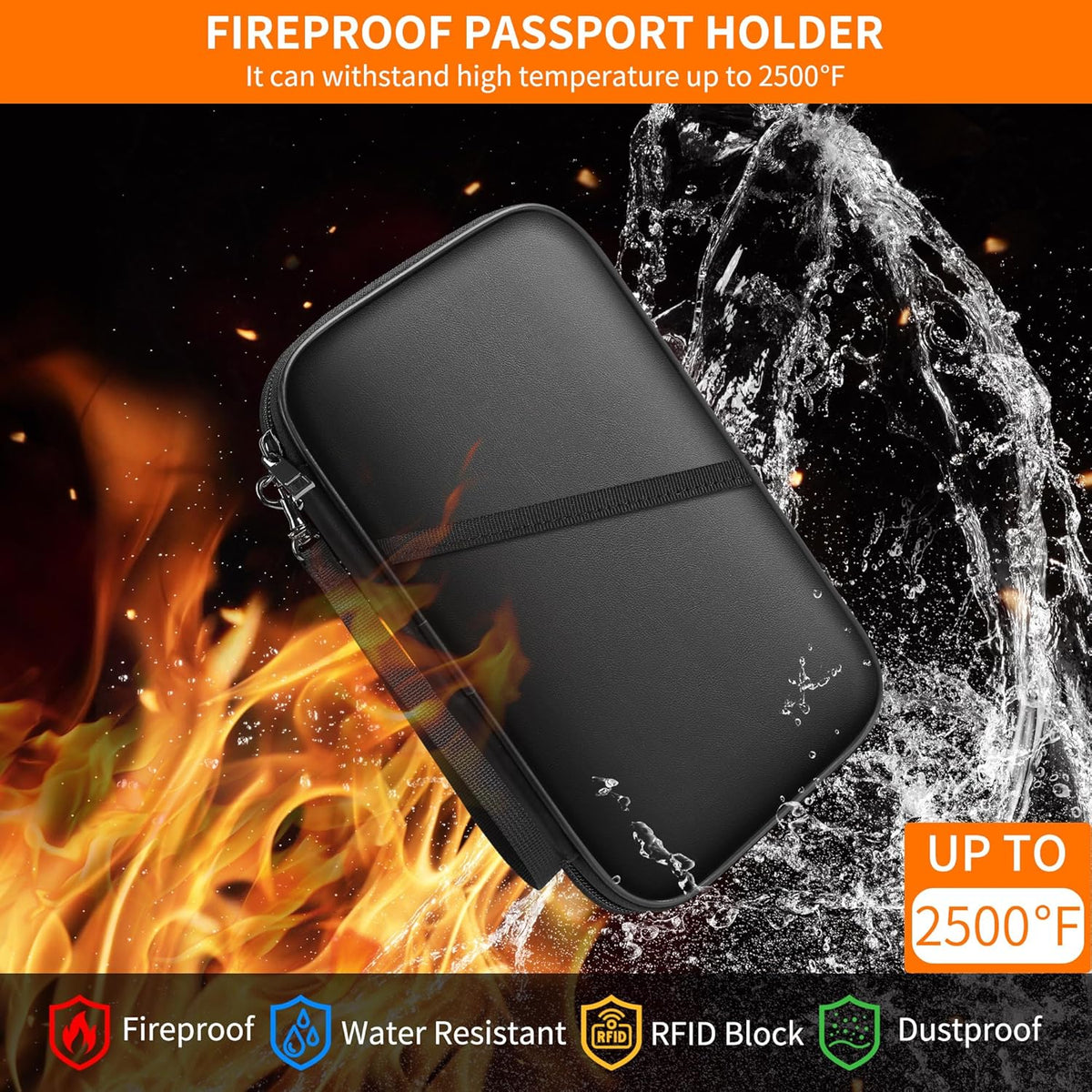 2500℉ Fireproof Family Passport Holder RFID Blocking Upgraded Material | Fireproof Passport Wallet for 4,Travel Document Organizer Case with Zipper for Passport and Card，Black