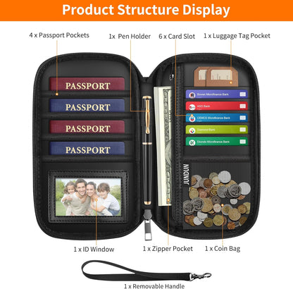 2500℉ Fireproof Family Passport Holder RFID Blocking Upgraded Material | Fireproof Passport Wallet for 4,Travel Document Organizer Case with Zipper for Passport and Card，Black