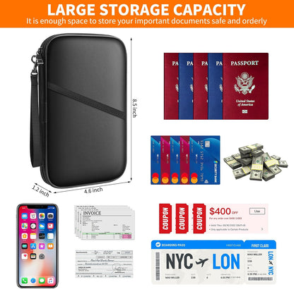 2500℉ Fireproof Family Passport Holder RFID Blocking Upgraded Material | Fireproof Passport Wallet for 4,Travel Document Organizer Case with Zipper for Passport and Card，Black