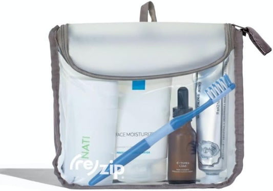 ( TSA Approved Travel Toiletry Bag with Hanging Loop, Travel Quart Bag– Reusable Clear Makeup bags with zipper, Clear Pouch for Travel Essentials, Cosmetic | BPA-Free, Machine Washable - Gray