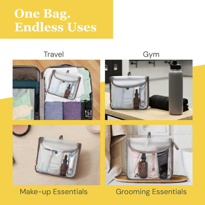 ( TSA Approved Travel Toiletry Bag with Hanging Loop, Travel Quart Bag– Reusable Clear Makeup bags with zipper, Clear Pouch for Travel Essentials, Cosmetic | BPA-Free, Machine Washable - Gray