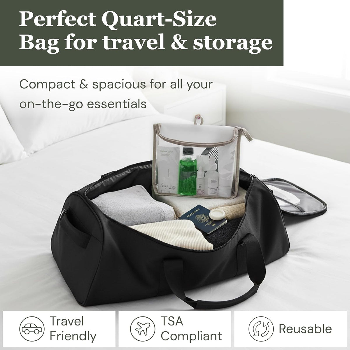 ( TSA Approved Travel Toiletry Bag with Hanging Loop, Travel Quart Bag– Reusable Clear Makeup bags with zipper, Clear Pouch for Travel Essentials, Cosmetic | BPA-Free, Machine Washable - Gray