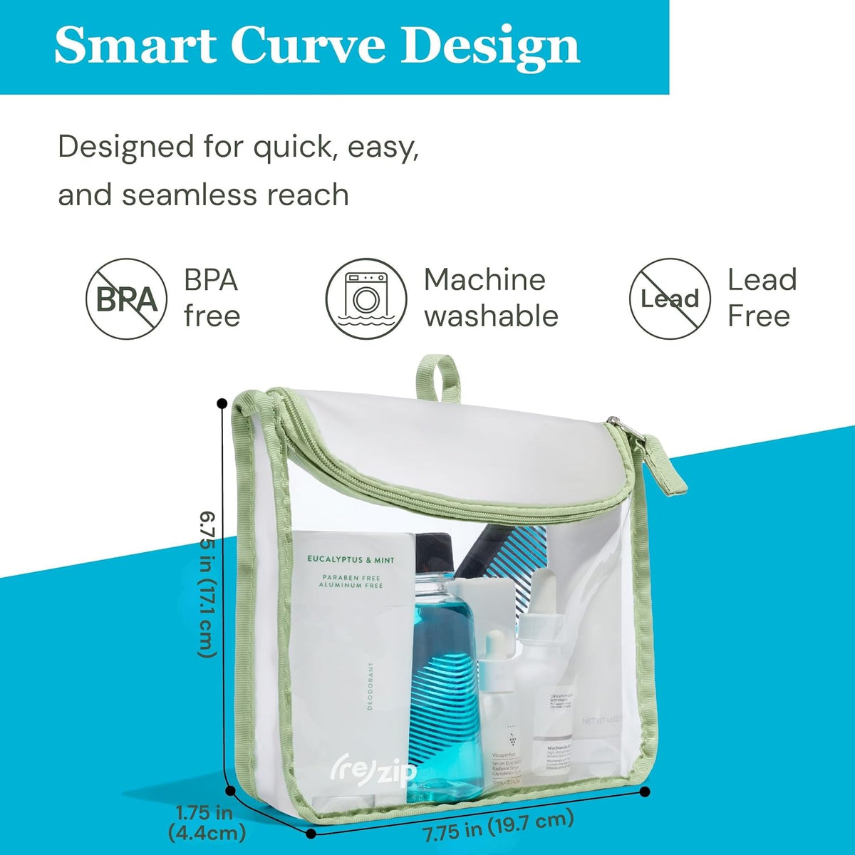 ( TSA Approved Travel Toiletry Bag with Hanging Loop, Travel Quart Bag– Reusable Clear Makeup bags with zipper, Clear Pouch for Travel Essentials, Cosmetic | BPA-Free, Machine Washable - Gray