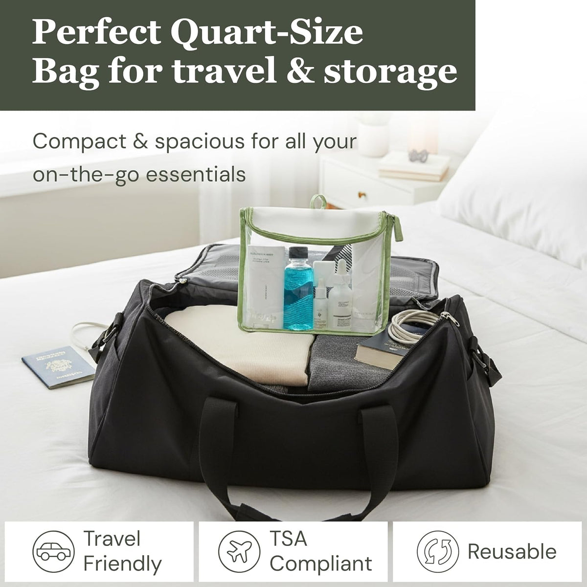 ( TSA Approved Travel Toiletry Bag with Hanging Loop, Travel Quart Bag– Reusable Clear Makeup bags with zipper, Clear Pouch for Travel Essentials, Cosmetic | BPA-Free, Machine Washable - Gray