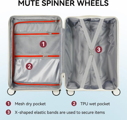 20 Inch Carry On Luggage with Spinner Wheels,Aluminum Frame PC Hard Shell Suitcase with USB Port,Lightweight Travel Luggage Airline Approved for Men Women, White