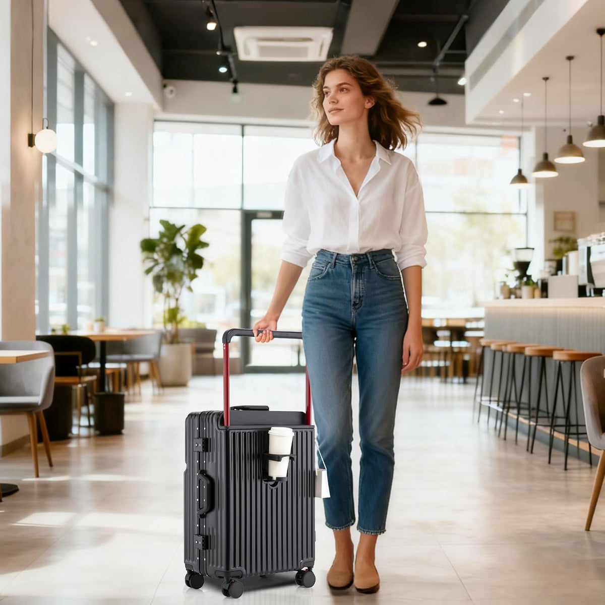 20 Inch Carry On Luggage with Spinner Wheels,Aluminum Frame PC Hard Shell Suitcase with USB Port,Lightweight Travel Luggage Airline Approved for Men Women, White