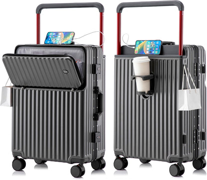 20 Inch Carry On Luggage with Spinner Wheels,Aluminum Frame PC Hard Shell Suitcase with USB Port,Lightweight Travel Luggage Airline Approved for Men Women, White