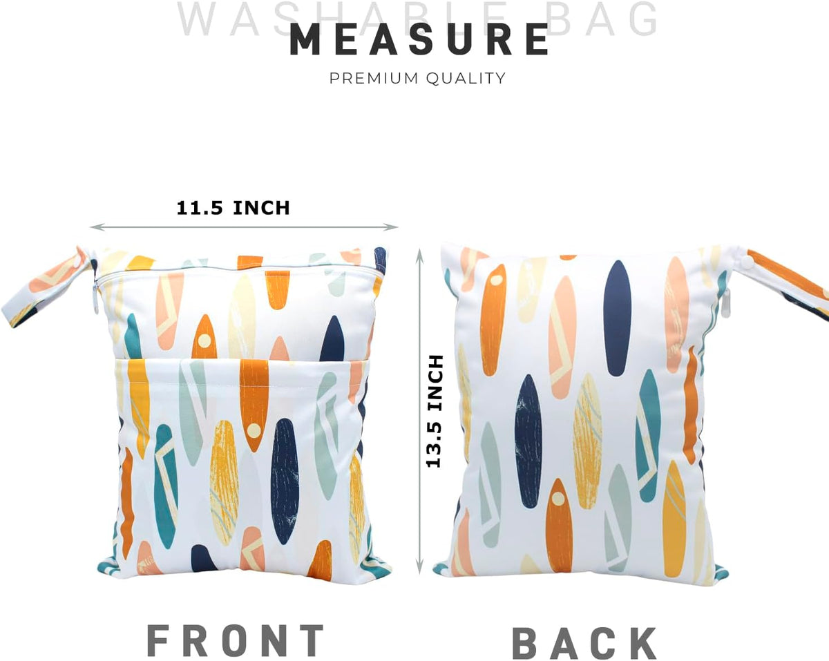 Wet Dry Bag Waterproof Reusable Wet Bag for Swimsuit, Travel, Beach, Pool, Bathing, Diapers, Dirty Yoga Gym Clothes Toiletries Daycare Organizer with Two Zippered Pockets (green leaf)
