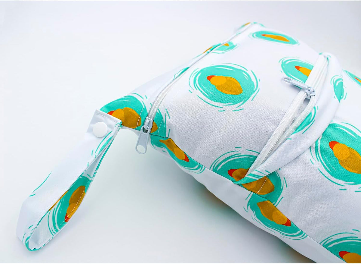 Wet Dry Bag Waterproof Reusable Wet Bag for Swimsuit, Travel, Beach, Pool, Bathing, Diapers, Dirty Yoga Gym Clothes Toiletries Daycare Organizer with Two Zippered Pockets (green leaf)