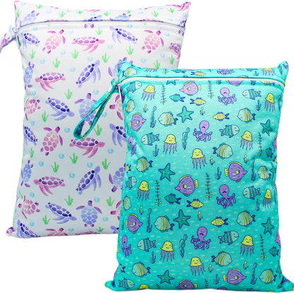Wet Dry Bag Waterproof Reusable Wet Bag for Swimsuit, Travel, Beach, Pool, Bathing, Diapers, Dirty Yoga Gym Clothes Toiletries Daycare Organizer with Two Zippered Pockets (green leaf)