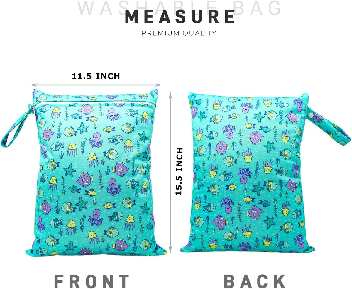 Wet Dry Bag Waterproof Reusable Wet Bag for Swimsuit, Travel, Beach, Pool, Bathing, Diapers, Dirty Yoga Gym Clothes Toiletries Daycare Organizer with Two Zippered Pockets (green leaf)