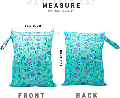 Wet Dry Bag Waterproof Reusable Wet Bag for Swimsuit, Travel, Beach, Pool, Bathing, Diapers, Dirty Yoga Gym Clothes Toiletries Daycare Organizer with Two Zippered Pockets (green leaf)