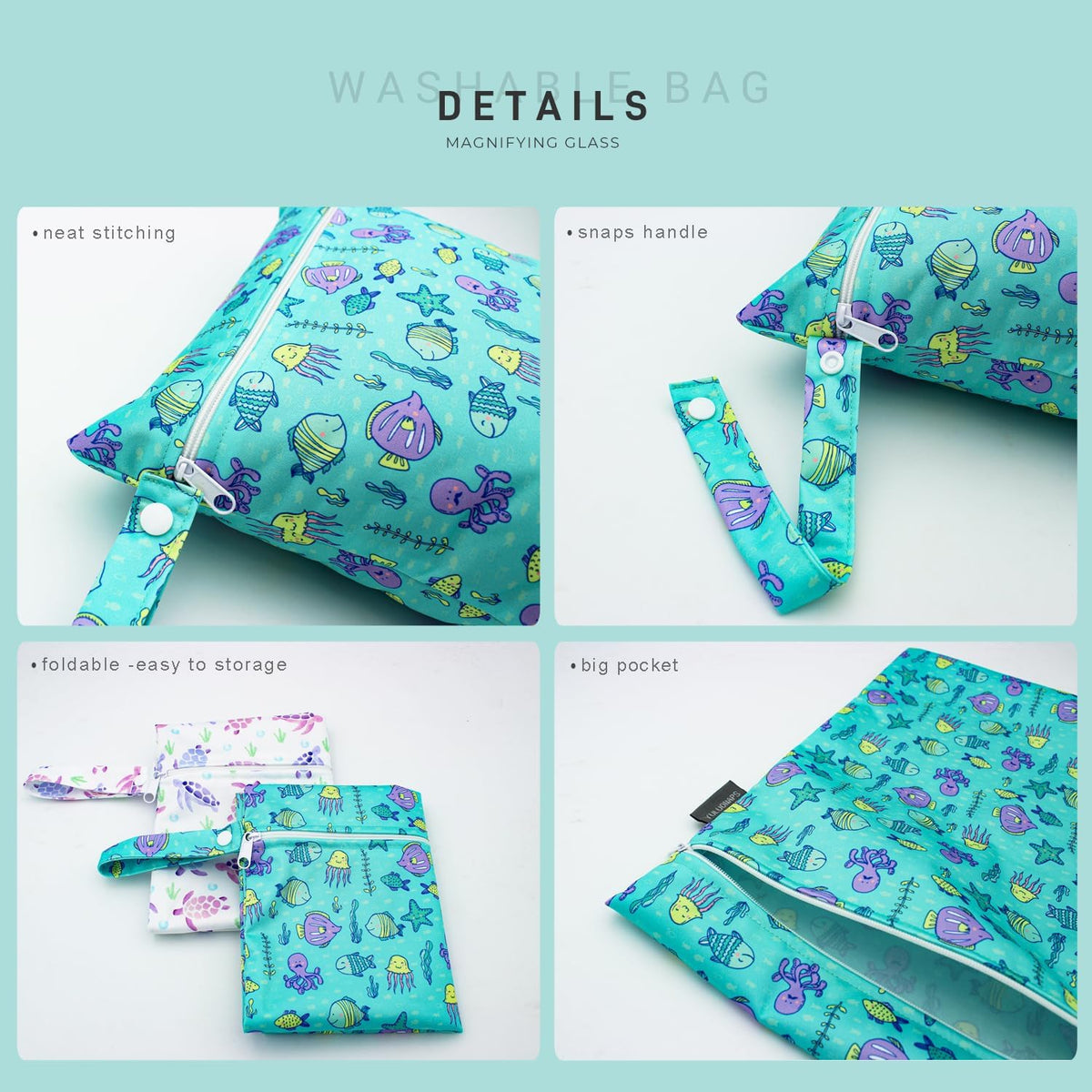 Wet Dry Bag Waterproof Reusable Wet Bag for Swimsuit, Travel, Beach, Pool, Bathing, Diapers, Dirty Yoga Gym Clothes Toiletries Daycare Organizer with Two Zippered Pockets (green leaf)